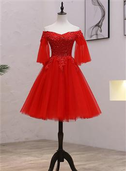 Picture of Red Color Sweetheart Tulle with Lace and Beaded Homecoming Dresses, Red Color Party Dresses
